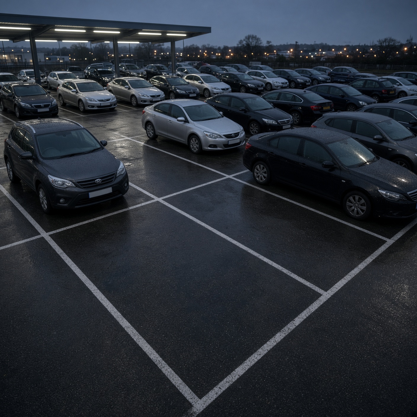 Used-car yard at dusk with an empty bay in the foreground